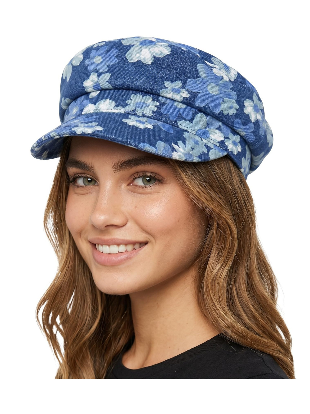 Greek Fisherman Newsboy Cap, Cotton Captains Bakerboy | Floral, Denim | Size OS